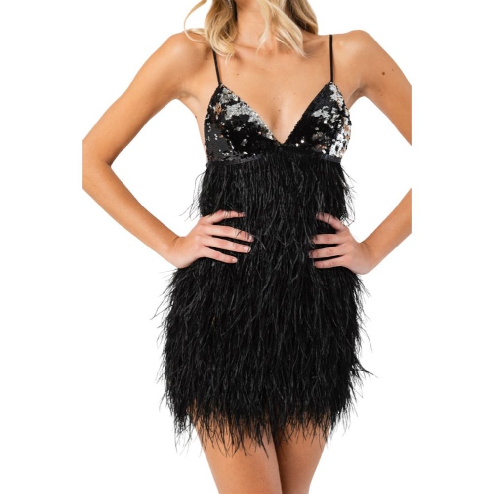 KikiRiki Ostritch Feather Sparkle Mini Dress Black Size Small NWT